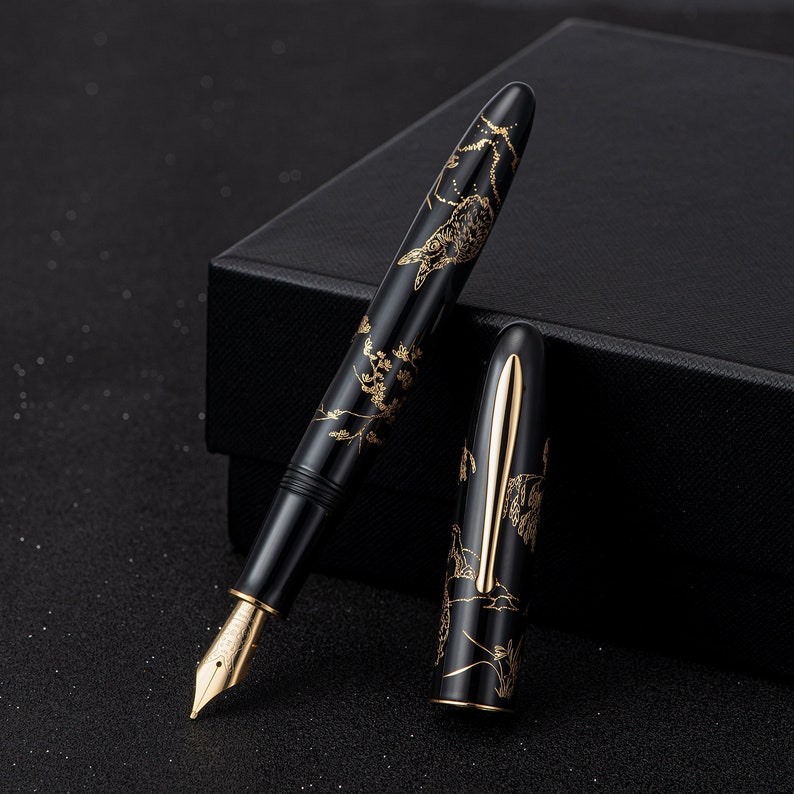 Hongdian N23 Fountain Pen Rabbit Year Metal Pen, Iridium Extra Fine/ Long Knife/ Long Blade Medium Nib Classic Pen Black