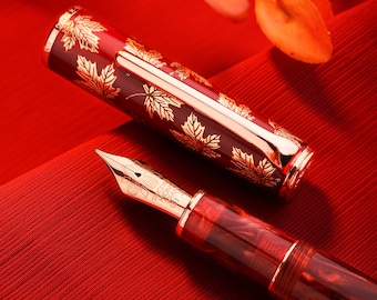 Hongdian N8 Fountain Pen Red Resin Gold Plated Maple Leaf, Iridium Chinese Knot EF/F/M/ Long Knife Nib Classic Pen