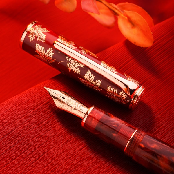 Stylo plume Hongdian N8, résine rouge, feuille d'érable plaquée or, noeud chinois iridium EF/F/M/plume couteau long classique