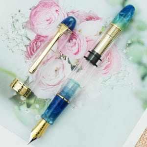LORELEI 667 Transparent Piston Fountain Pen, Blue-Green Acrylic, Iridium EF/ F Nib Pen Business Office Gift