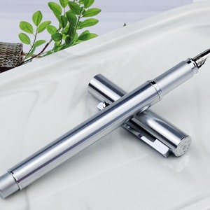 HongDian 516 Stainless Steel Fountain Pen, Fine Nib 0.4 mm Bright Silver Gift Writing Pen