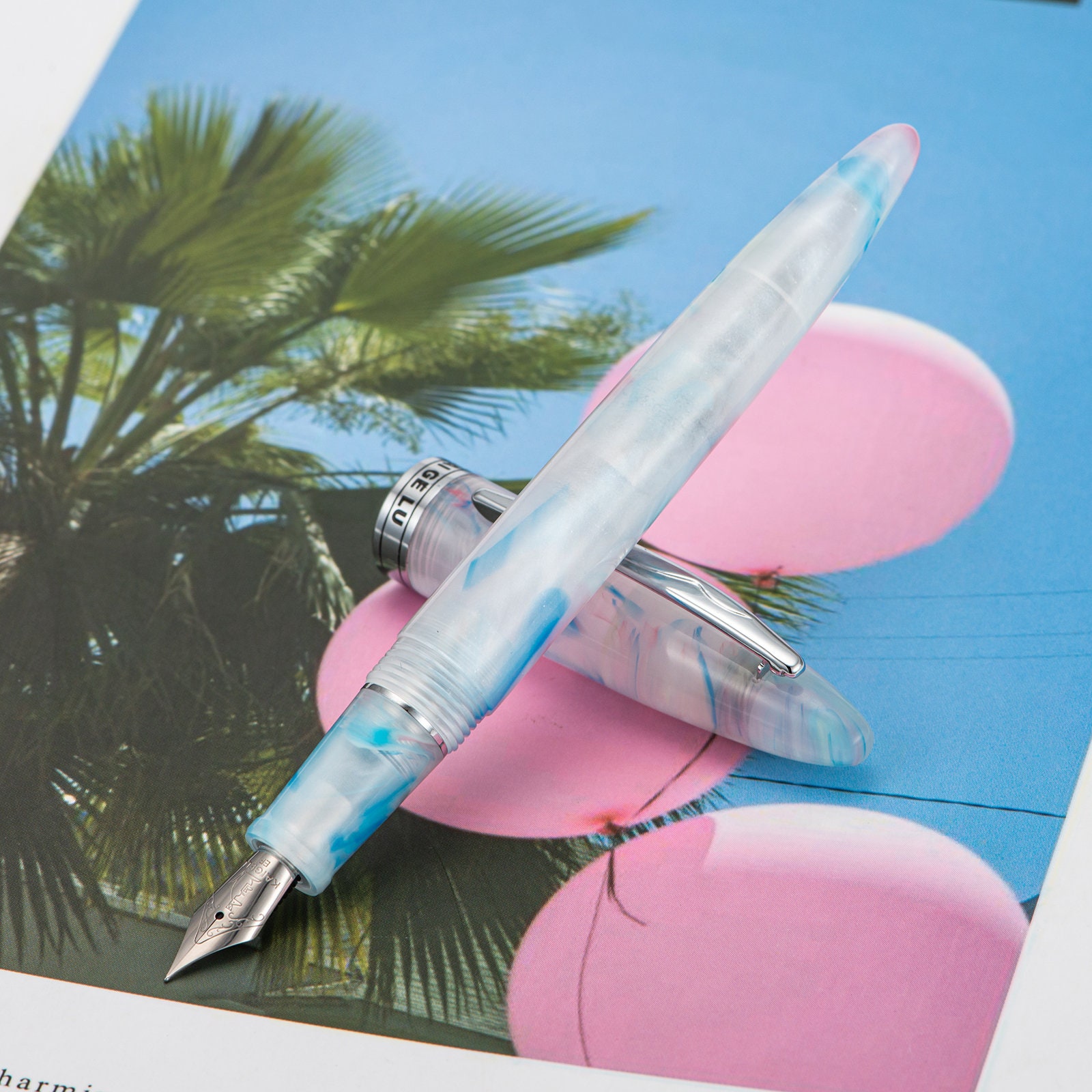 Kaigelu 222 Acrylic Fountain Pen Blue-White, Iridium EF/F Nib Smooth Writing Office Pen