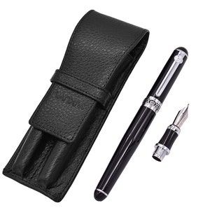 Duke D2 Schwarz Double Nib Füllfederhalter Fude Nib Kalligraphie Stift Leder Federtasche Set