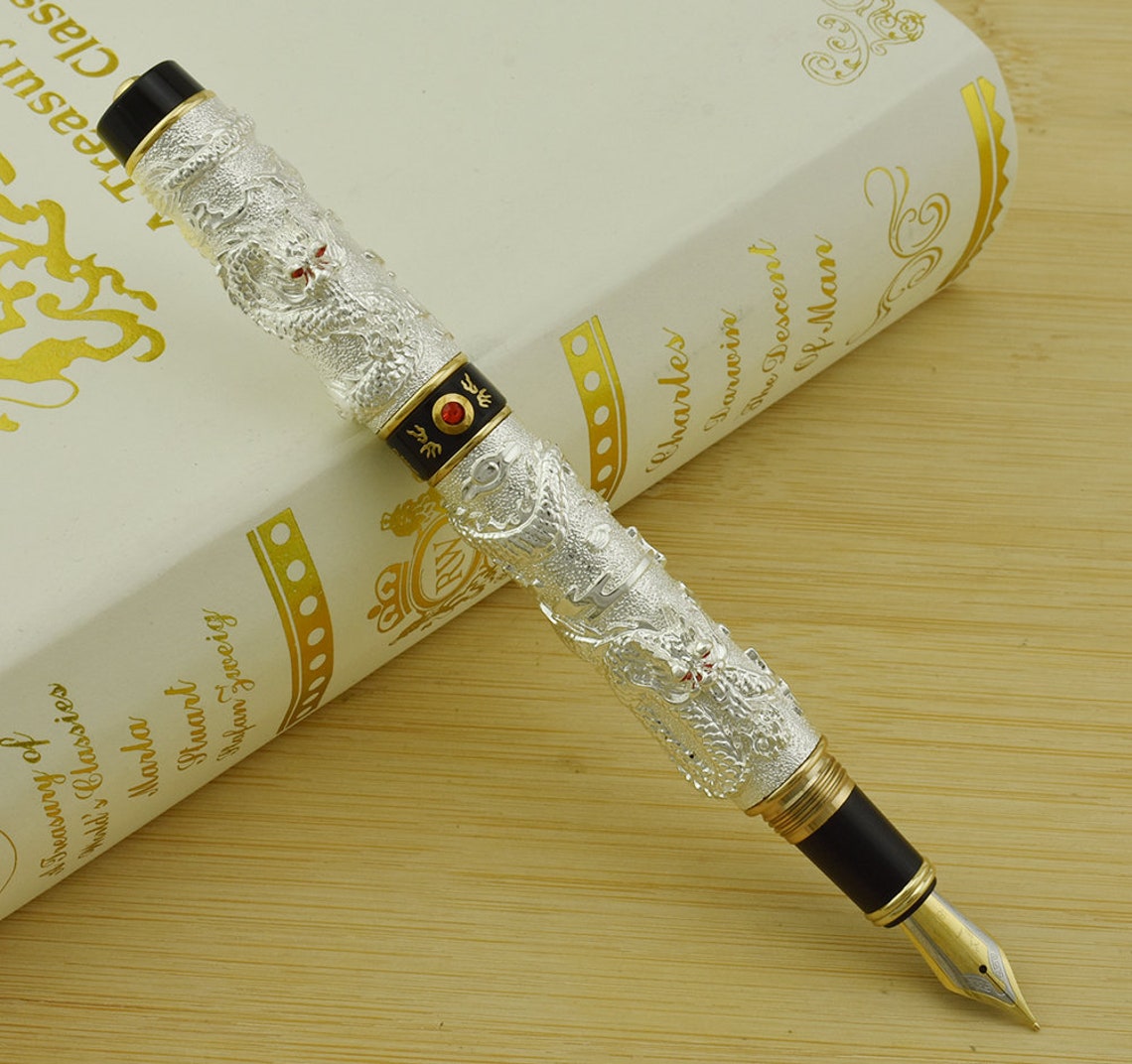 Jinhao Dragon Fountain Pen Silver Color Medium Nib Vintage Etsy