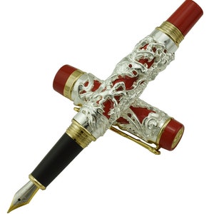 Jinhao Silver Dragon Phoenix Stylo Plume, Iridium EF / F / M / Bent Nib vintage Pen, Heavy Luck Clip Calligraphy Pen Gift