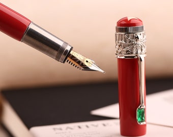Majohn F9 Piston Fountain Pen Red Spider Pattern.  Red Ball Top Writing Pen Fine Nib