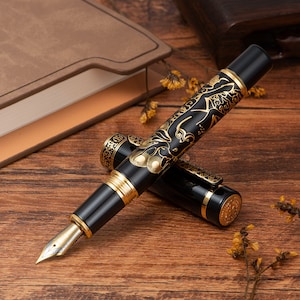 Hongdian 8037 Metal Fountain Pen Deer Painting, Iridium EF/F/Bent Writing Pen with Converter