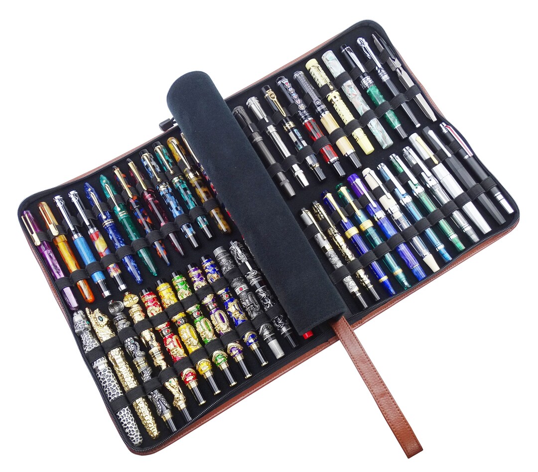 Cowhide Leather Fountain Pen Case, 46 Slot Display Holder Bag Black