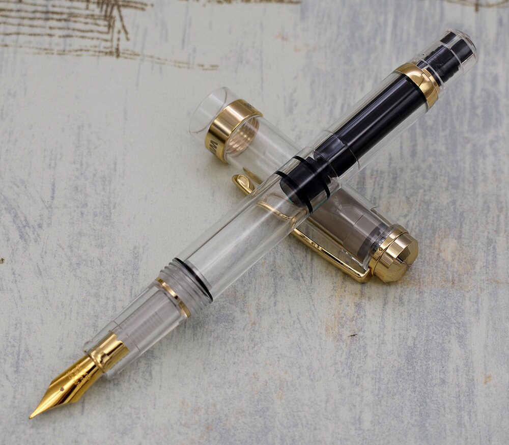 Fontaine Thumbprint Edition 新品3個 Wingsung 698 Clear Piston Fountain Pen, Gold Trim Fine Nib
