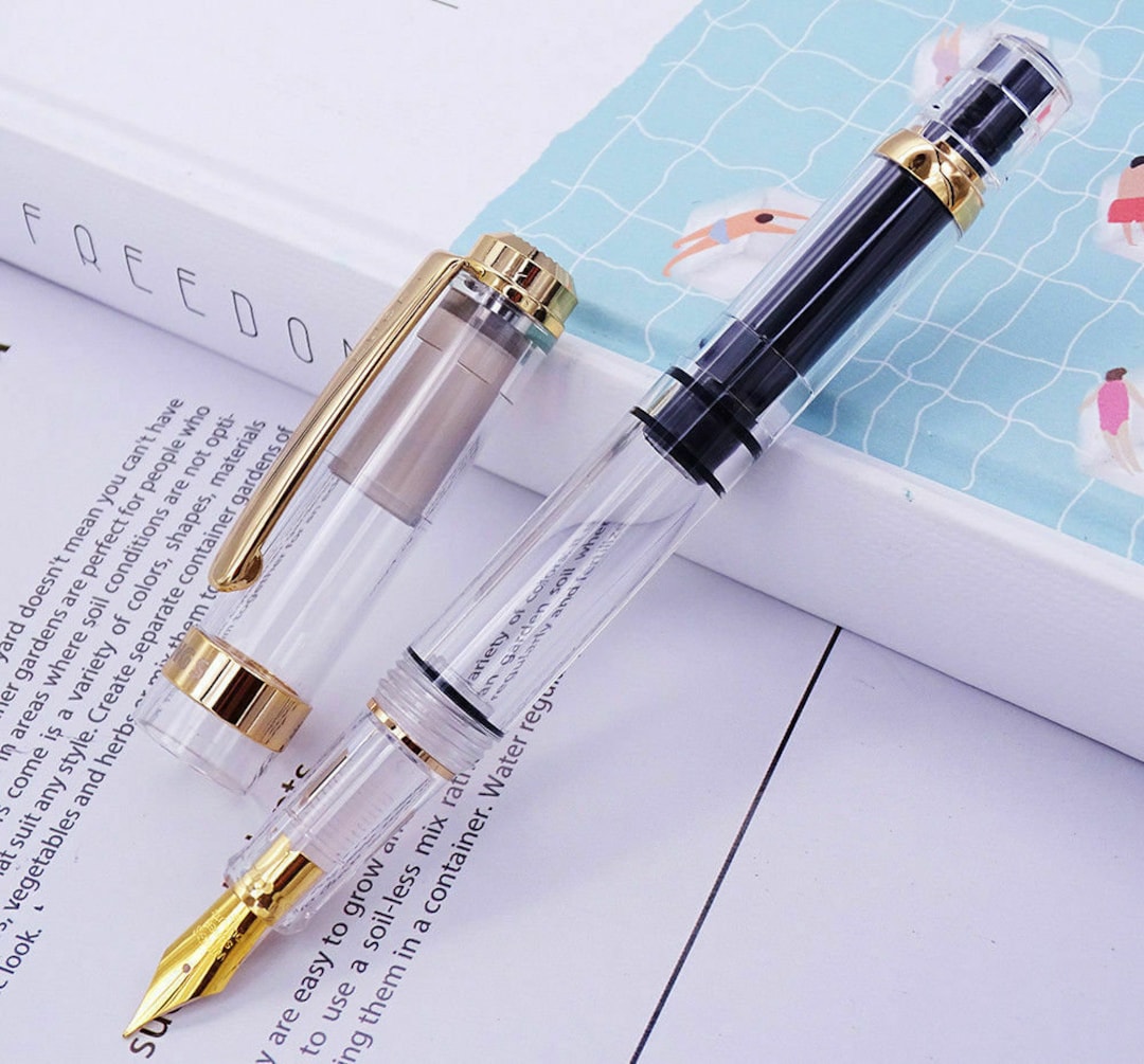 Wingsung 698 Clear Piston Fountain Pen, Gold Trim Fine Nib