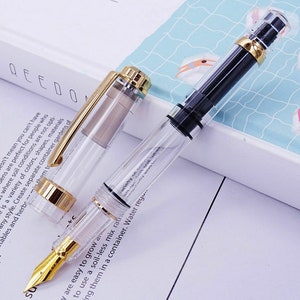 Wingsung 698 Clear Piston Fountain Pen, Gold Trim Fine Nib Transparent Gift Pen Case Set