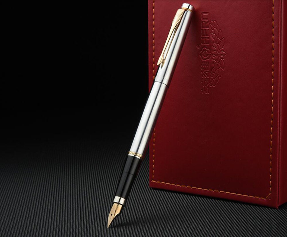 Hero 200A Classic Stainless Fountain Pen, 14K Gold Fine Nib Vintage Pen with Gift Box