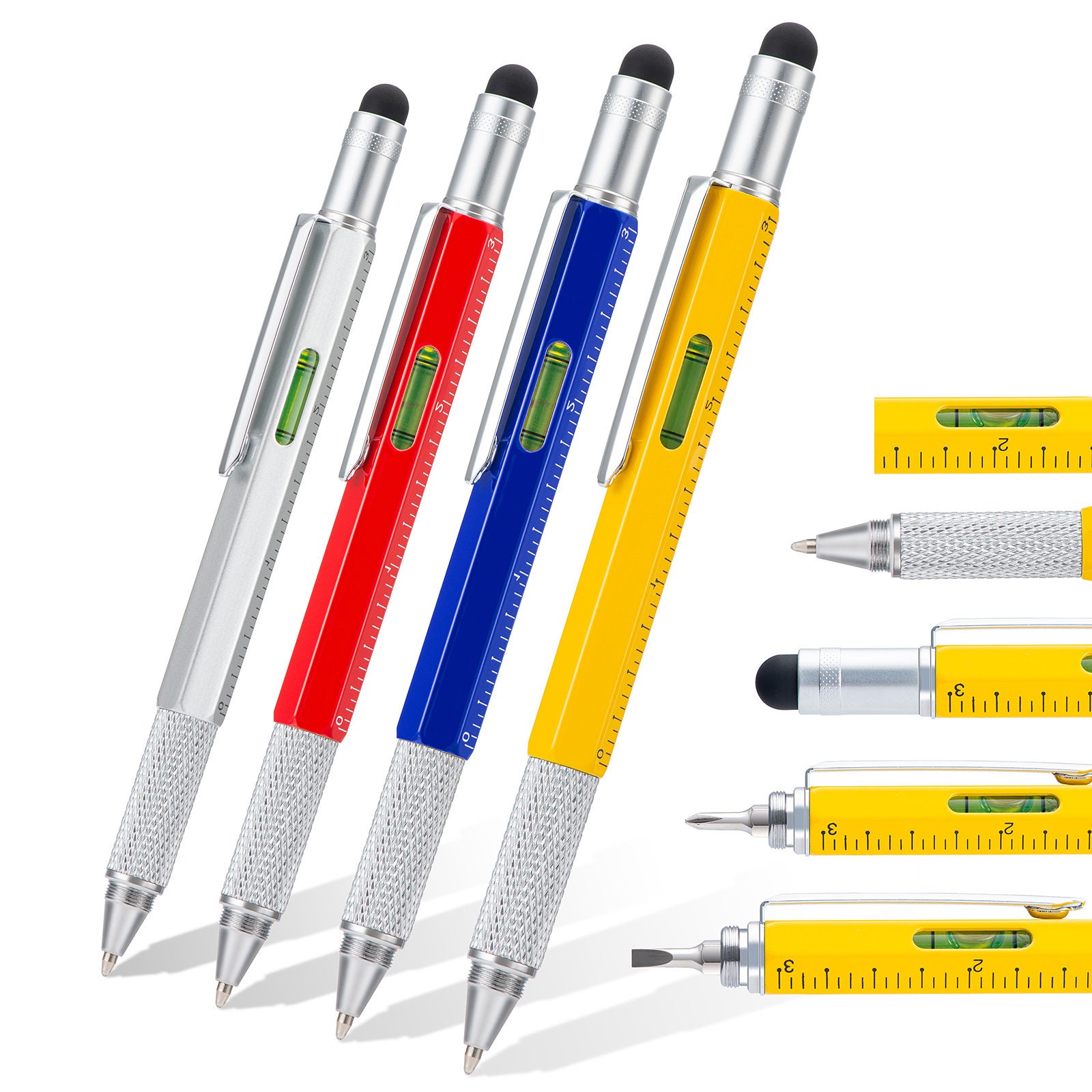 4 Pack Multitool Pen with Extra Refills Set, 6 in 1 Multitool Pen with Ruler & Levelgauge, Multifunctional Metal Ballpoint Pen, Cool Gadget