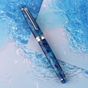 Majohn New Moon Fountain Pen, Marble Blue EF/ F / Bent Nib Converter Ink Pen, Writing Pen with Gift Box