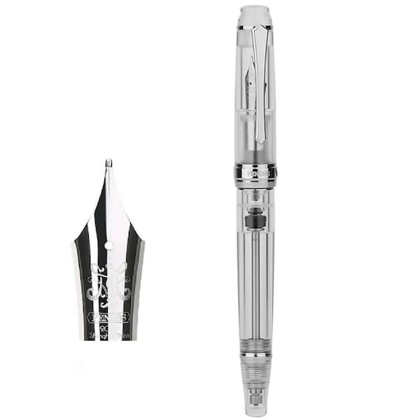 New Penbbs 456 Clear Transparent Acrylic Vacuum Filling Fountain Pen, Silver Trim Iridium Medium Nib Writing Pen Gift Case Set