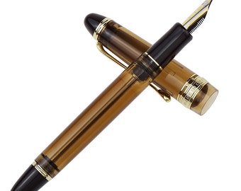 Wingsung 699 Vaccum Filling Fountain Pen, 3 Nibs (Fude Nib + Fine Nib+ Medium Nib) Calligraphy Pen, Brown Acrylic Translucent Writing Gift