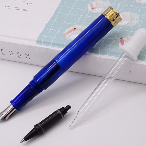 2019 PENBBS 471-26 Blue Mini Short Acrylic Fountain Pen Case Set, Medium Nib Pocket Size Pen, Eyedropper Bottled Ink Filling Travel Pen