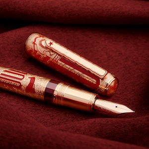 Penna stilografica Hongdian 100 con pennino in oro 14K, penna per calligrafia, penna da scrittura in resina con stantuffo in oro rosso, regalo in edizione limitata