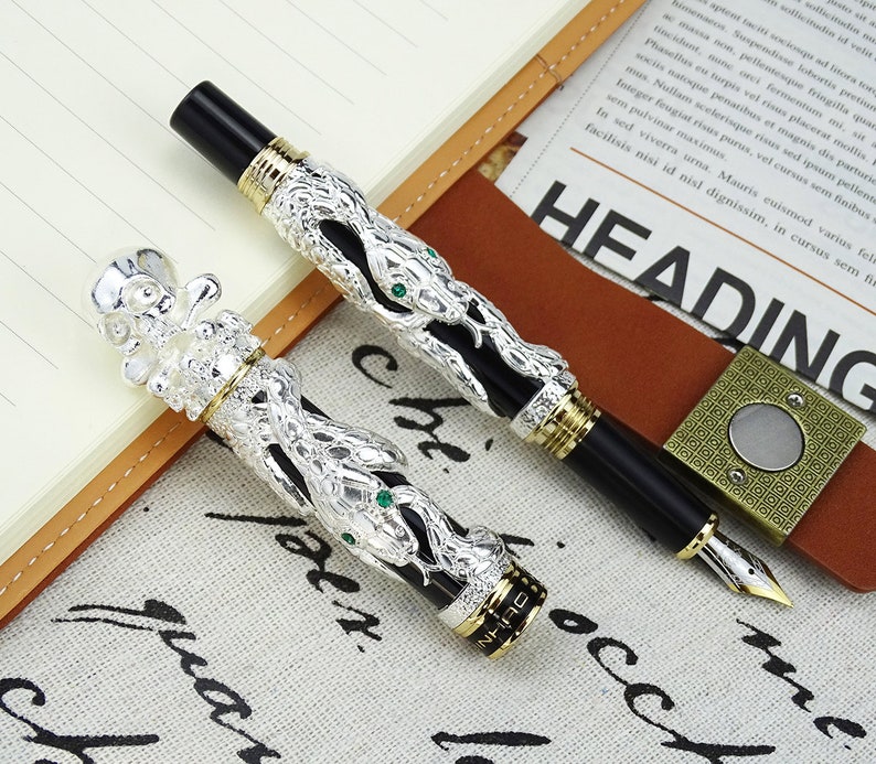 Jinhao Black/Silver Snake Fountain Pen with Skull Head Solid Etsy