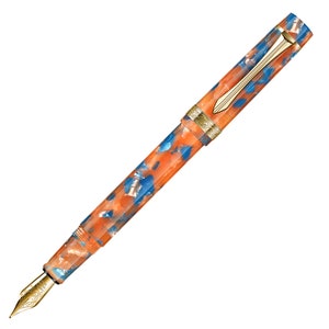Pluma estilográfica LIY Live In You de resina naranja y azul, pluma Schmidt de punta fina, escritura suave, estuche vintage.