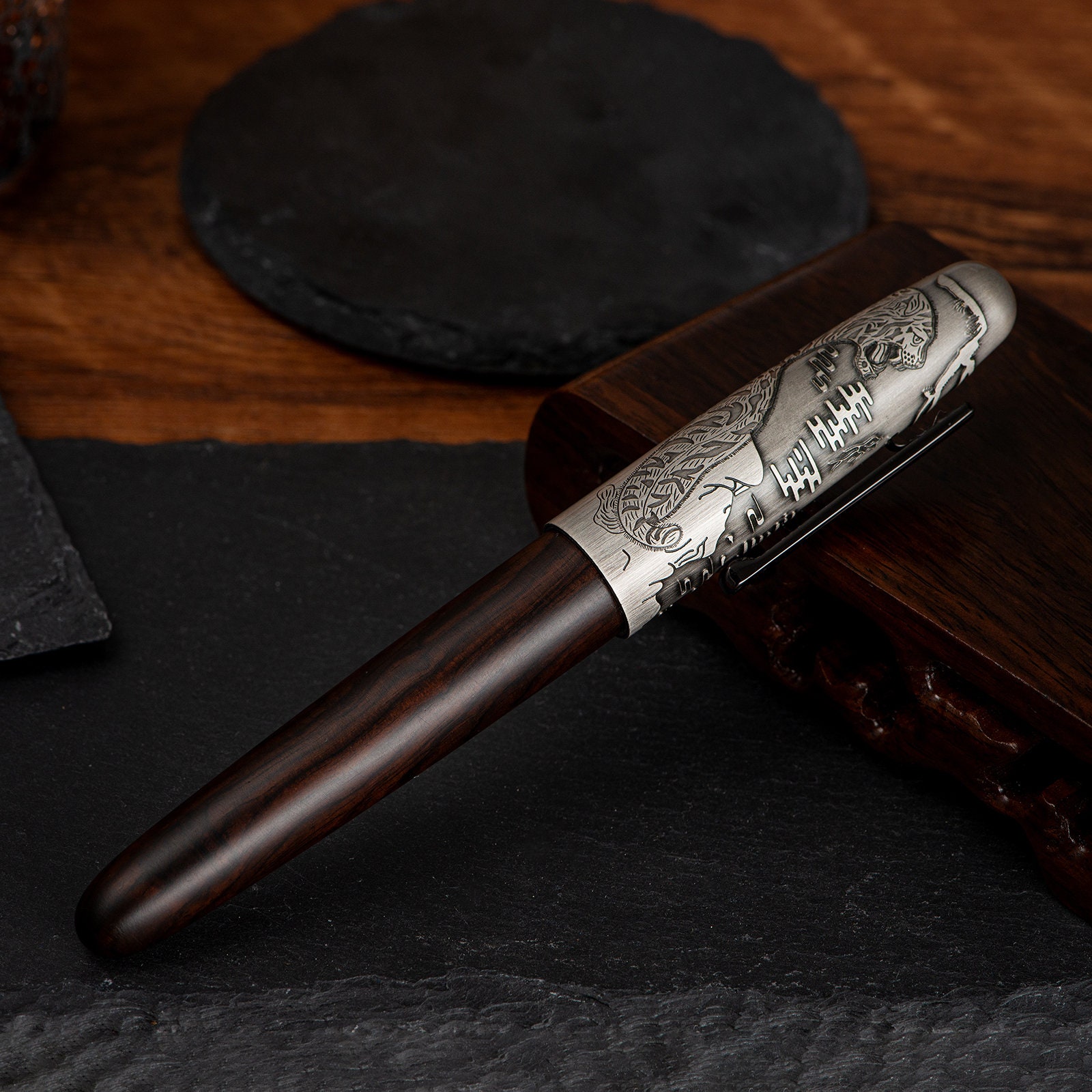Jinhao 9056 Wood Fountain Pen Tiger Carving Cap , Ef/f/m