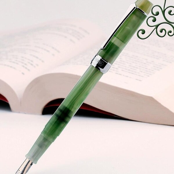 Penbbs 355-107 Fountain Pen Green Resin Ink Piston Absorption Pen, EF/F Nib Writing Gift Executive Pen Business Signature Pen