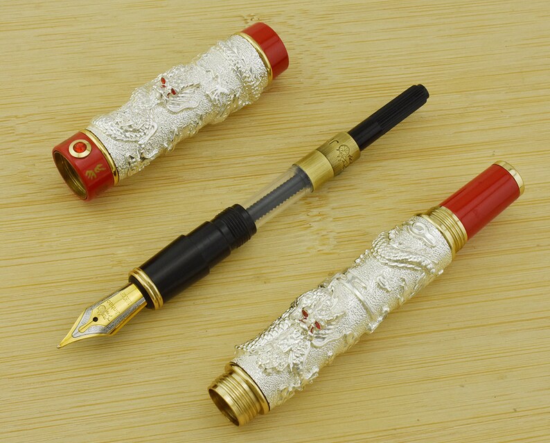 Jinhao Dragon Fountain Pen Silver Color Medium Nib Vintage Pens Calligraphy Pen