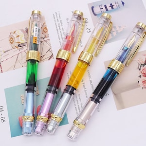 Wing Sung 3008A Golden Plated Piston Fountain Pen, Fine / Extra Fine Nib, Transparent Golden Trim 4 Colors Set , Executive Pens