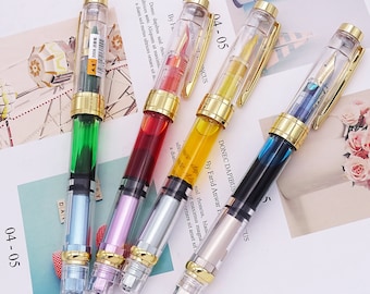 Wing Sung 3008A Golden Plated Piston Fountain Pen, Fine / Extra Fine Nib, Transparent Golden Trim 4 Colors Set , Executive Pens