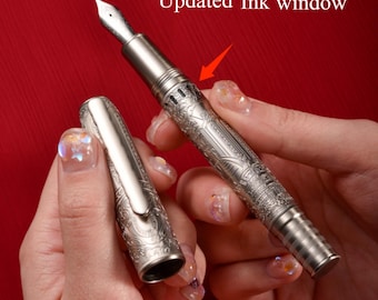 Hongdian 100C Silver Steel Piston Fountain Pen Silver Star on Cap, Iridium EF/F/M/ Long Blade Nib/ Long Knife Nib Calligraphy Pen
