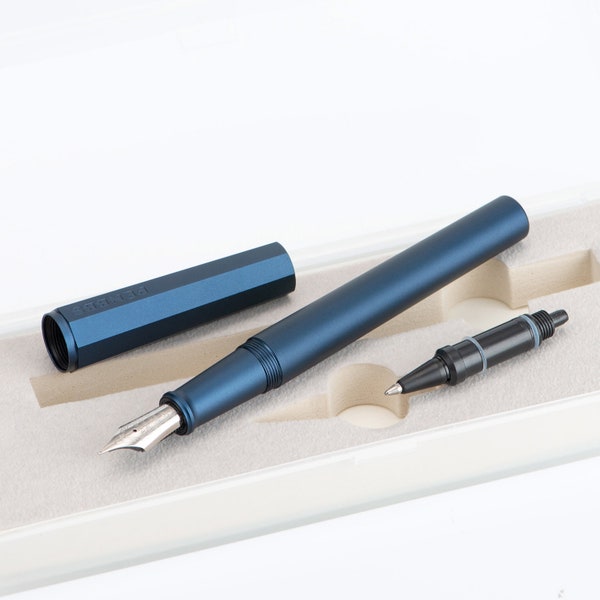 PENBBS 350 Blue Aluminum Fountain Pen, Fine Nib Smooth Writing with Storage Box and Ballpoint Pen Nib, Alloy Vintage Pens