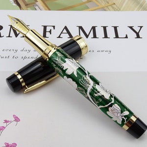 Penna stilografica Hongdian 1837 personalizzata, penna calligrafica con fiore verde disegnato a mano, pennino extra fine/fine/pennino curvo, regalo