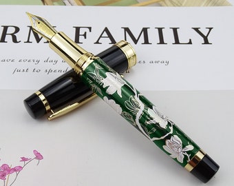 Personalized Hongdian 1837 Fountain Pen, Hand-Drawing Green Flower Calligraphy Pen, Extra Fine/ Fine Nib/ Bent Nib Pen Gift