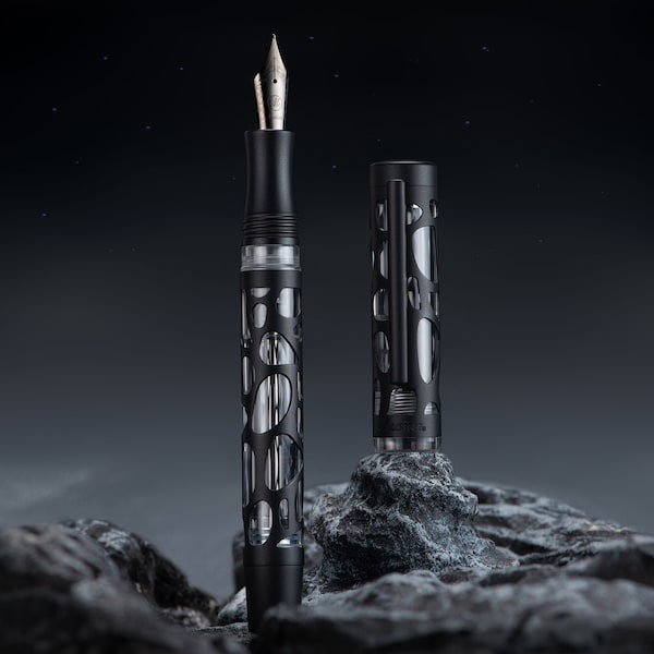 Asvine V169 Skeleton Vacuum Filler Fountain Pen, Matte Black Water Drop Hollow Acrylic Pen Case Set, Black EF/ F/ M Nib