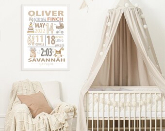 May include: A framed birth announcement with the name "Oliver James Finch" and birth details. The announcement includes the date, time, weight (6 pounds, 11 ounces), and length (18 inches). The nursery setting includes a crib, chair, and decorative elements.