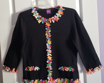 Michael Simon Cardigan Sweater Basic Black With Colorful Ribbon Appliqués Size Small Vintage 2000 Excellent Condition Never Worn