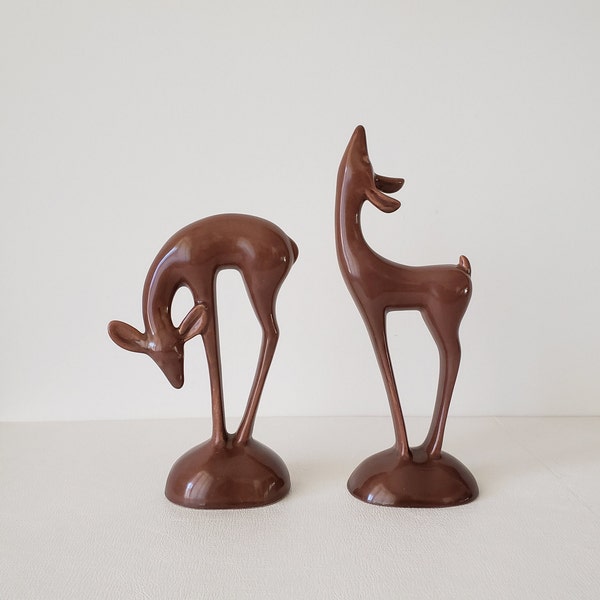 Rare Roselane Pasadena Pair of Figurines Deer With Head Down and Head Up Brown High Glaze In-Mold Stamped Marks Vintage 1950s Mint Condition