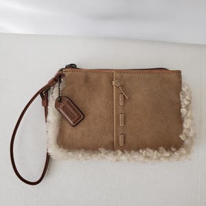 Coach Tan Suede Wristlet with Lambswool Trim & Leather Strap