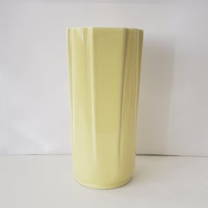 West Coast Pottery Deco Style Tall Round Vase 469 Yellow High Glaze Linear Raised Design Elements Impressed Marks Excellent Condition 1940s