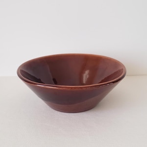 May include: A brown ceramic bowl with a wide, shallow shape. The bowl has a glossy finish and a slightly flared rim.