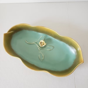 Caliente Haldeman Hand Made Oblong Low Bowl Applied Flower Leaves Blended Glaze Satin Matte Aqua & Gloss Chartreuse Green #273 Hand Incised