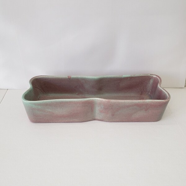 West Coast Pottery Rectangular Low Bowl Display Serving Piece Mottled High Glaze Blended Mauve Pink Turquoise Blue California Vintage 1940s