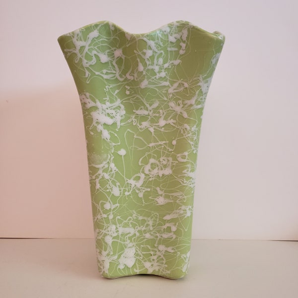 Shawnee USA Cameo Ware Mint Green White Splatter 1960s Ruffled Vase