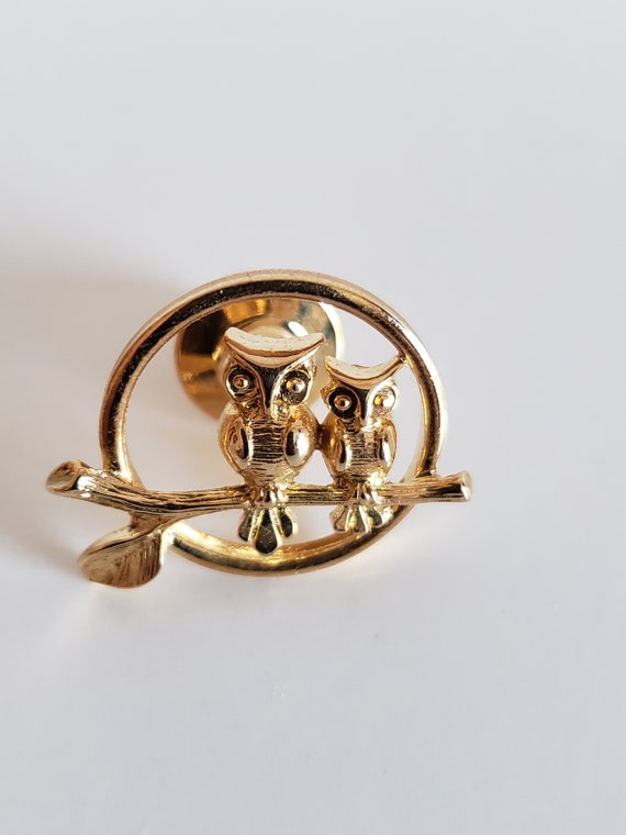 Avon Owls On Branch Gold Tone Metal Round Push Pi… - image 2