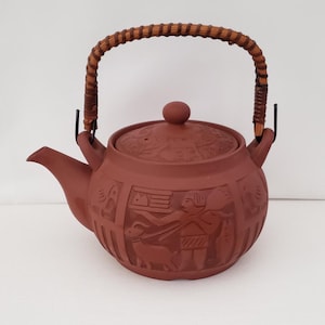 Vintage Teapot Terracotta Red Clay, Bamboo Handle: Egyptian Images, Pharaoh, Animals, Fish, Birds