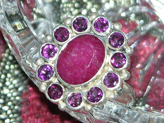 Vintage Ruby Sterling Silver Ring: Oval Center St… - image 1