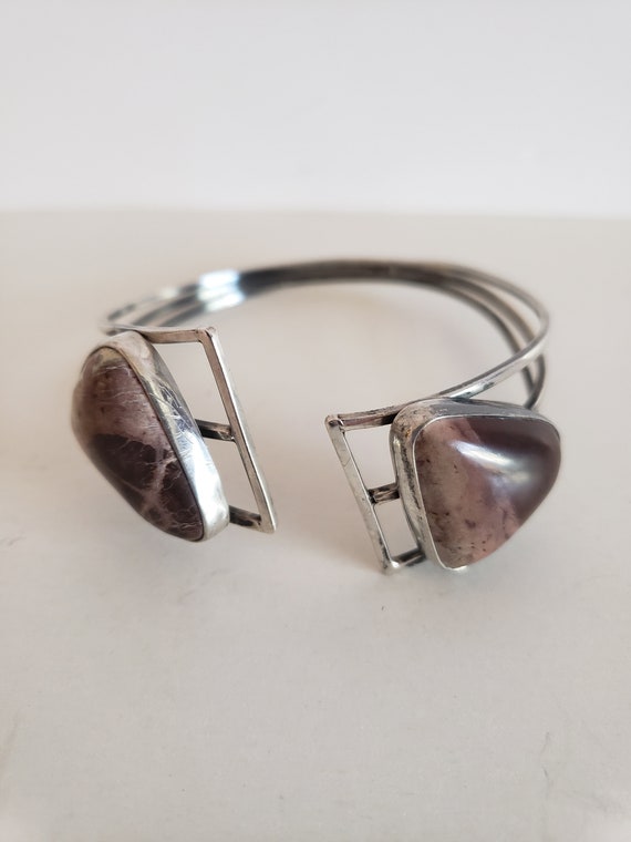 Silver Bangle Bracelet With Brown Jasper Smooth P… - image 1