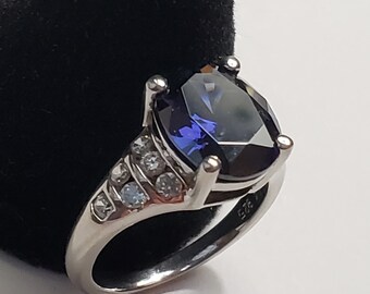 Sapphire Deep Blue Lab Created With Sparkling CZ Simulant Diamonds Set In Platinum Over Sterling Silver Beautiful Everyday Ring