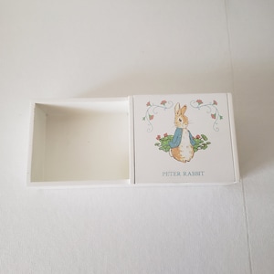 Peter Rabbit Wooden Box Hinged Lid Keepsake Organizer Hand Painted White Blue Green Pink Brown Vintage 1980s Great Baby Shower Gift!