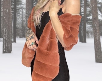 Rust Faux Fur Bridal Wrap: Fleece Lined Brown Shawl